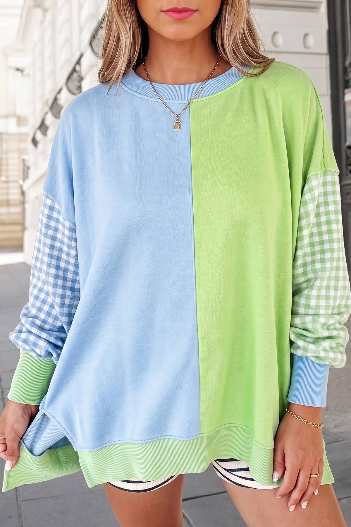 Plaid Print Crewneck Gingham Sleeve Sweatshirt FW26 | S-XL: Rose Red / S