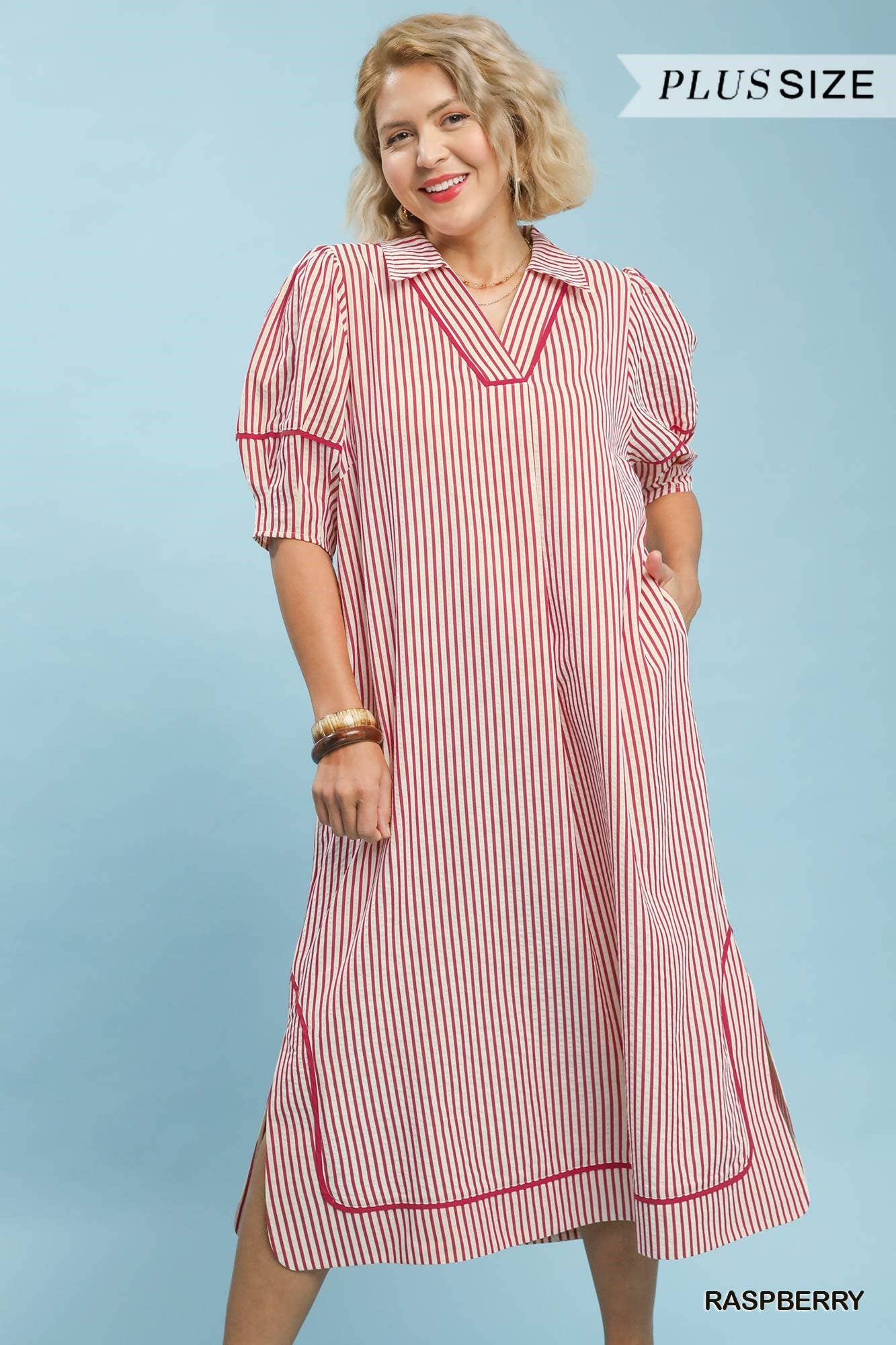 Plus Striped Midi Dress With Puff Sleeves: LT OLIVE / 1-1-1(XL-1XL-2XL)