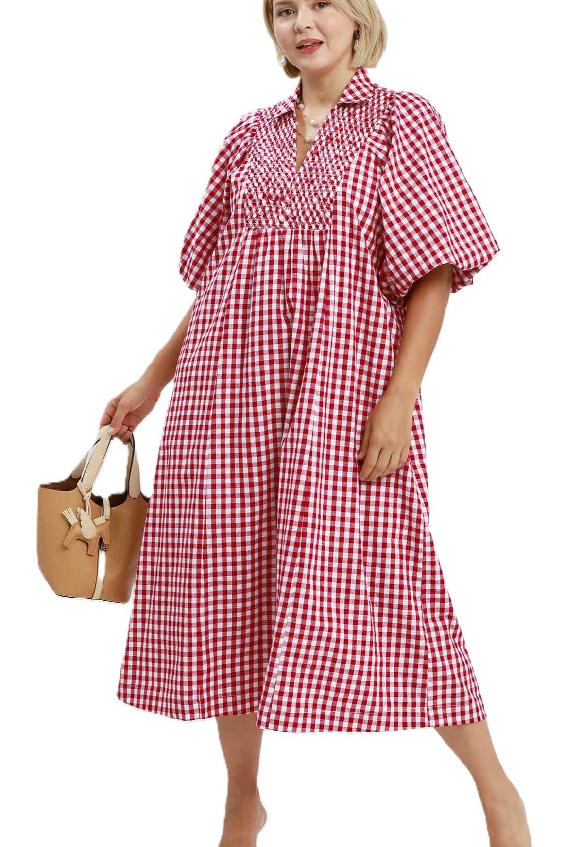 Plus Puff Sleeve Plaid Midi Dress: CRIMSON / 1-1-1(XL-1XL-2XL)