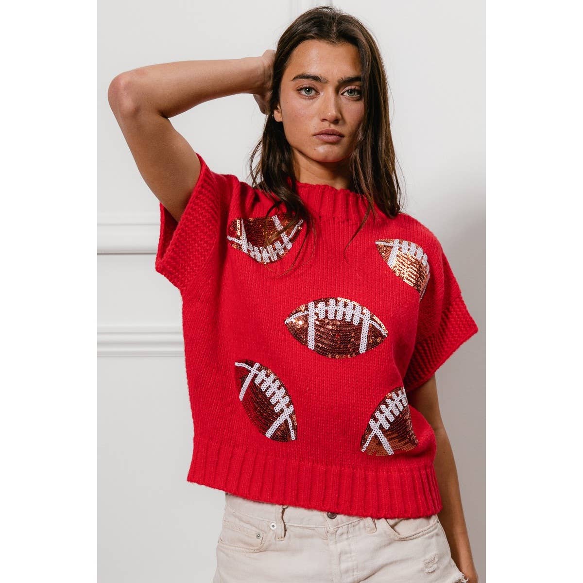 SEQUIN FOOTBALL PATCHES RIB BANDED SWEATER: OATMEAL / XL