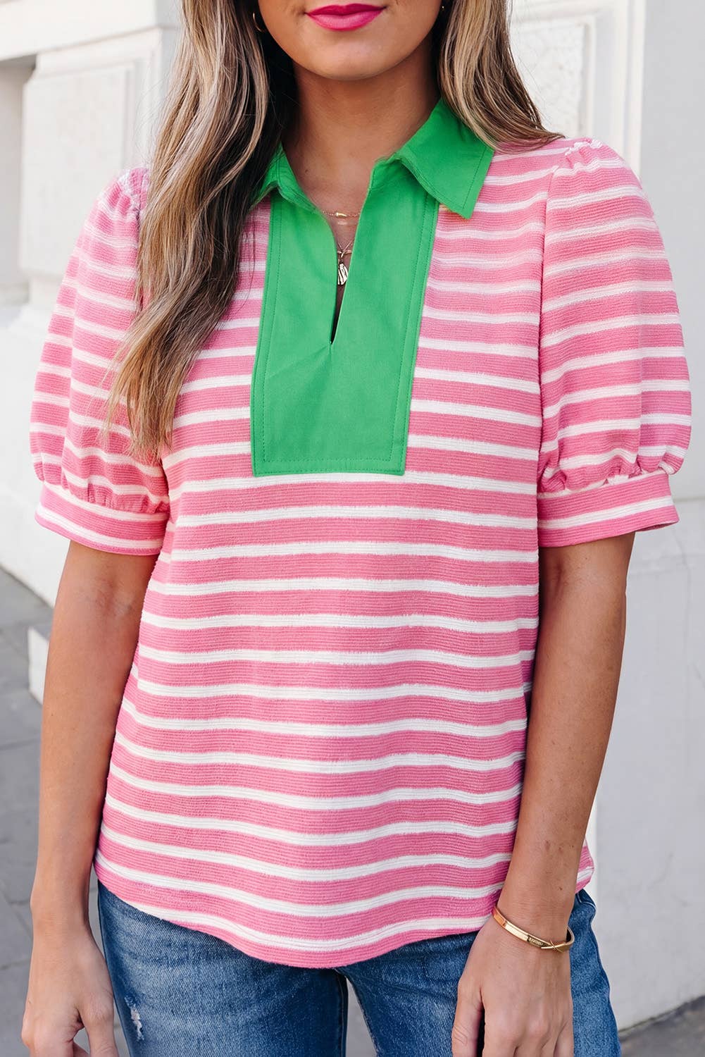 Stripe Short Puff Sleeve Collared Blouse | S-XL: Blue / M
