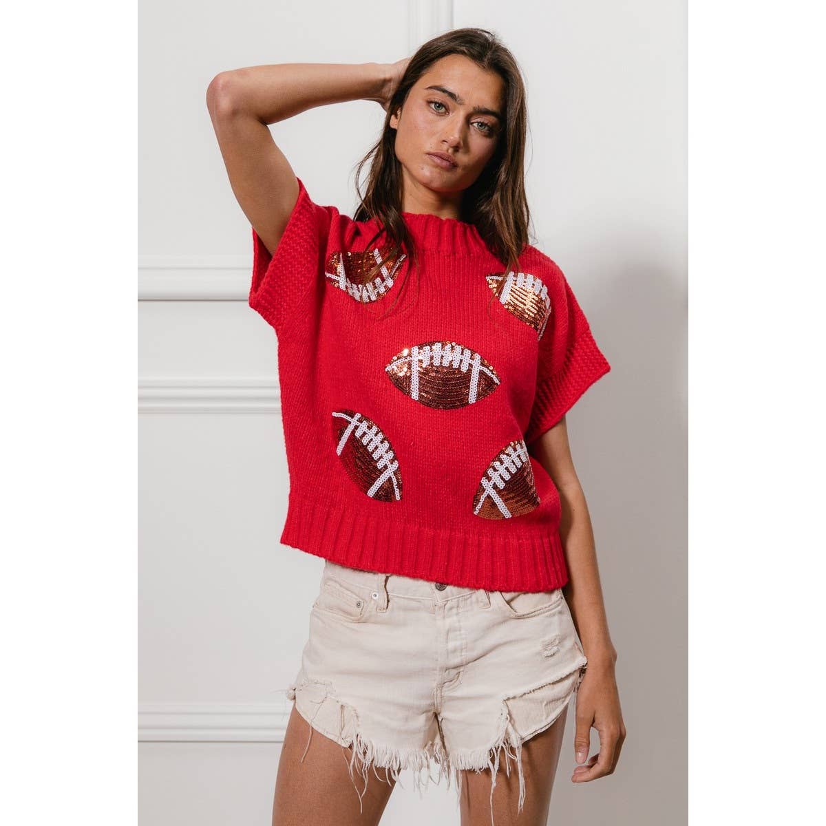 SEQUIN FOOTBALL PATCHES RIB BANDED SWEATER: OATMEAL / M