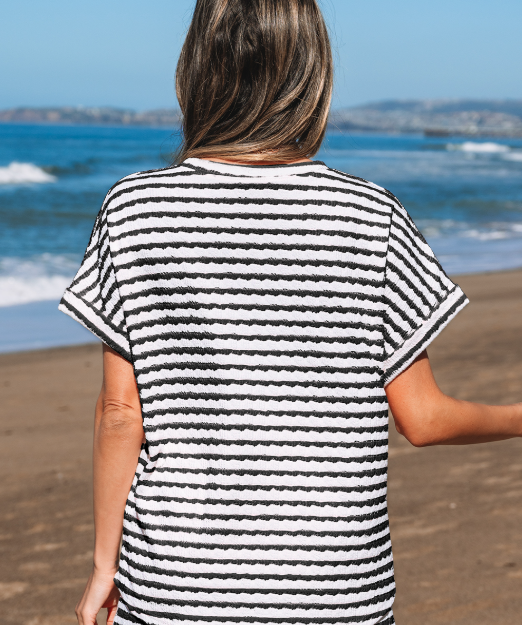 Pink Stripe Knitted Short Sleeve Top and Drawstring Shorts Set: Sky Blue Stripe / 85%Polyester+10%Viscose+5%Elastane / S
