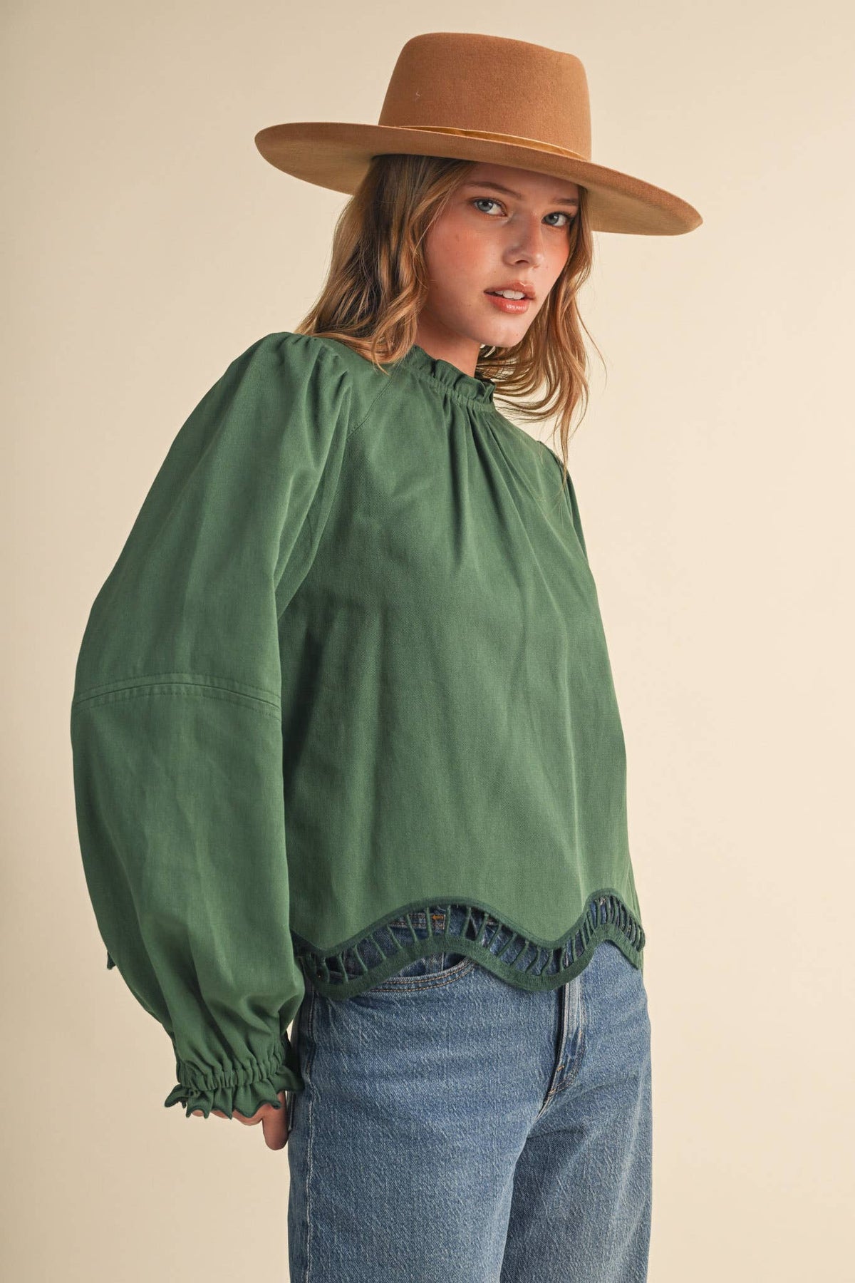 EMBROIDERED CUT-OUT HEM LONG SLEEVE TOP MTP5195: SAGE GARDEN / S