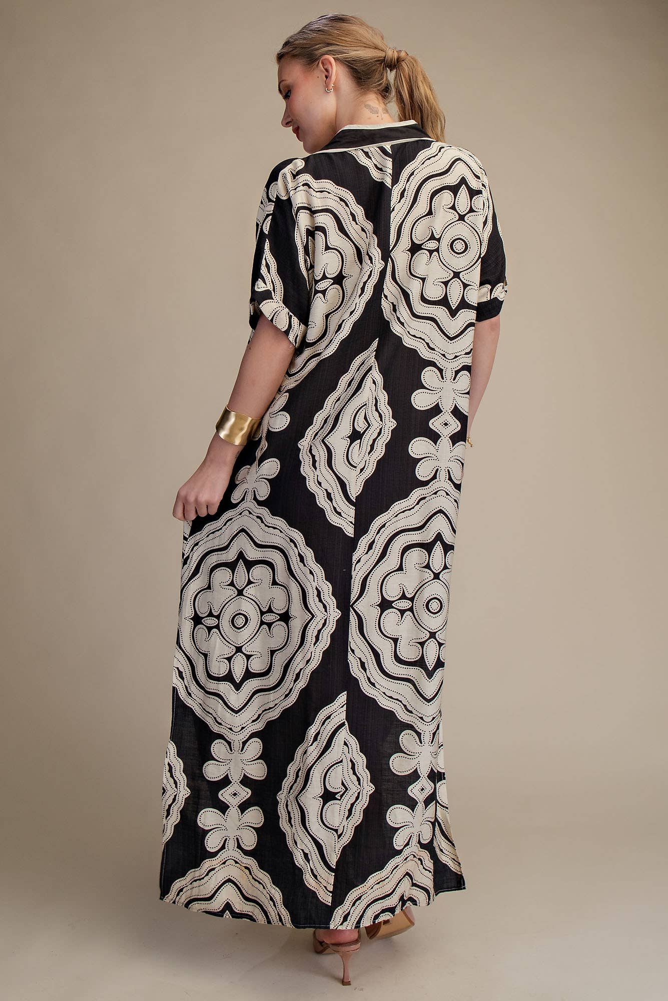 V-Neck Short Sleeve Maxi Print Dress: Blue / M
