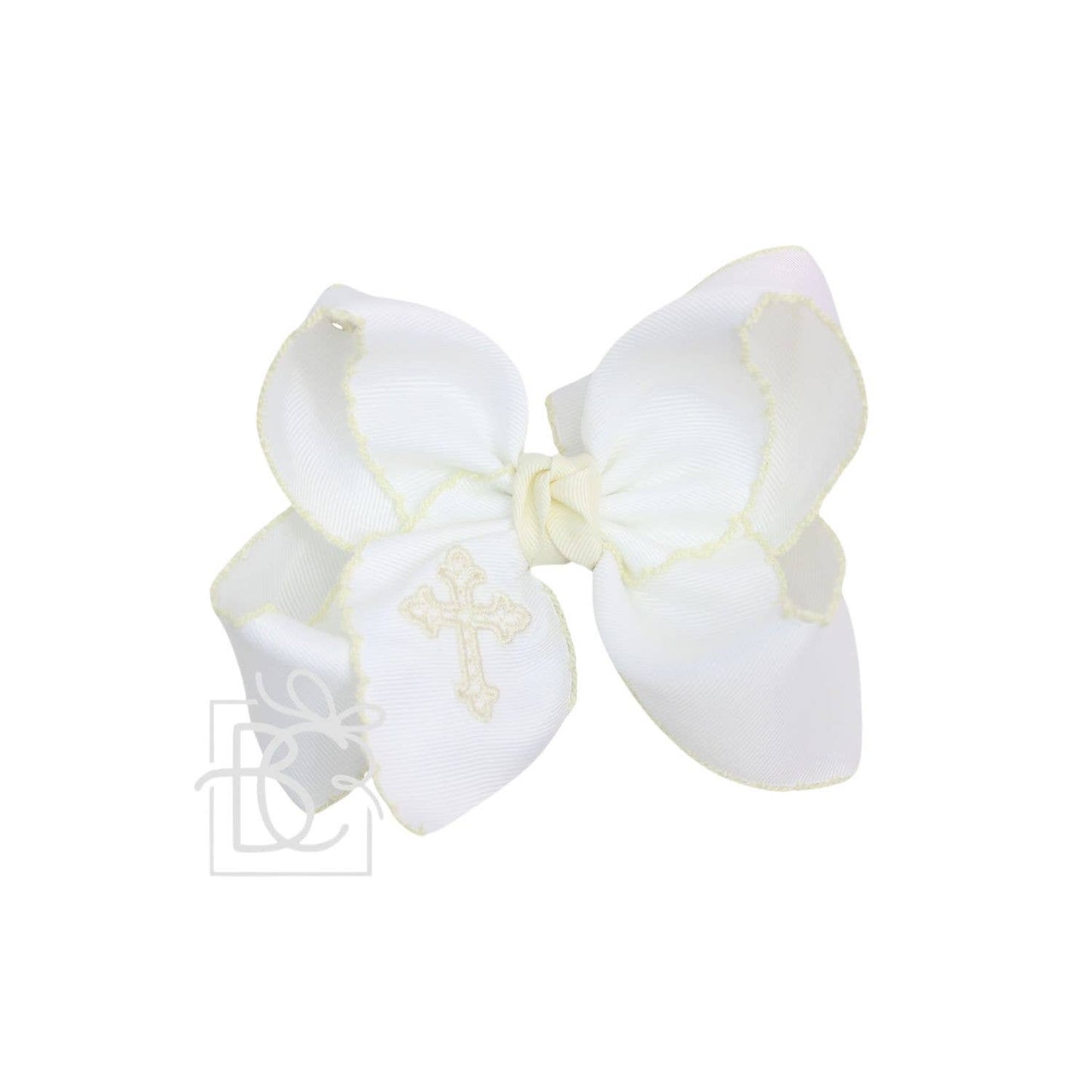 EMBROIDERED CROSS CROCHET EDGE BOWS: Antique white/ White / 4.5" Large Bow