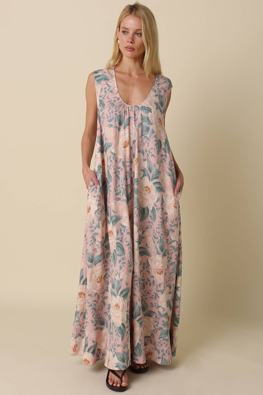 Edith Floral Sleeveless Dress: Blush Green / Contemporary / M