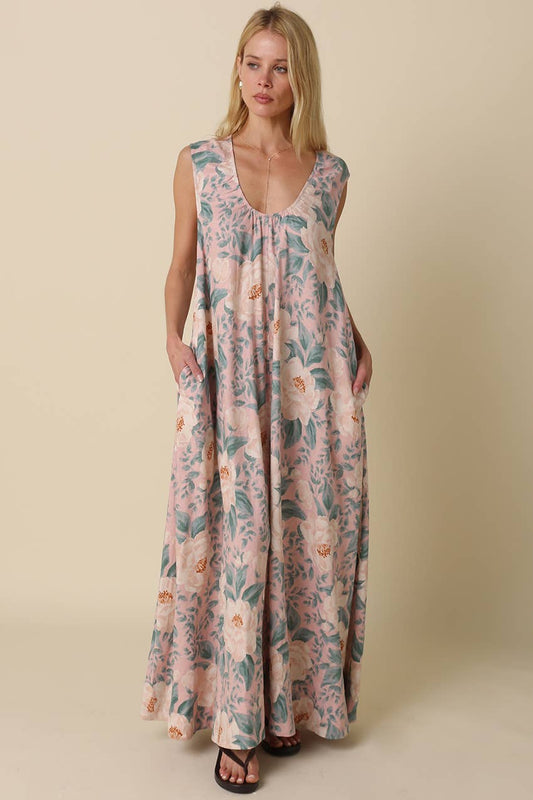 Edith Floral Sleeveless Dress: Blush Green / Contemporary / L