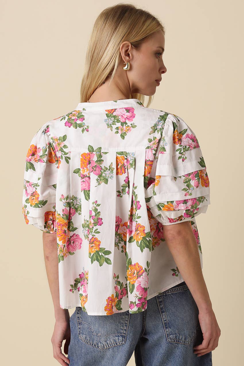 Megan Floral Puff-Sleeve Blouse: White Pink Floral / Contemporary / S