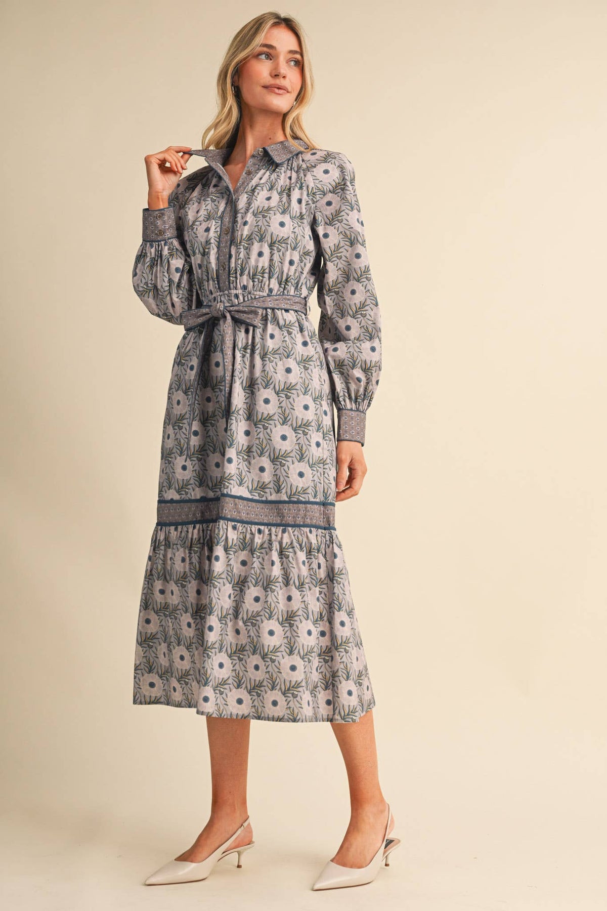 MIXED FLORAL BUTTON DOWN BELTED MIDI DRESS MDR5220: GREY TEAL / S