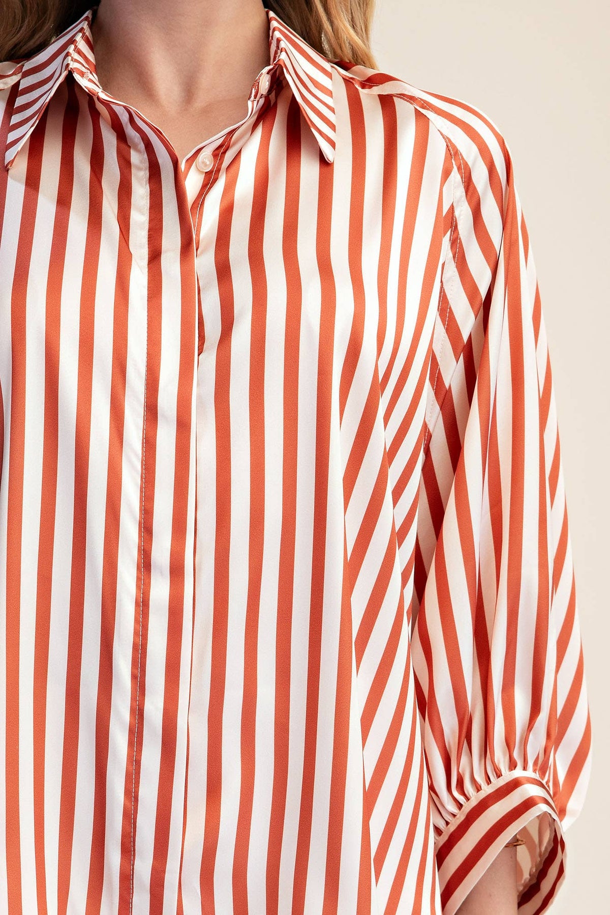 Stripe Wide Puff Sleeve Buttondown Shirt: Olive / L