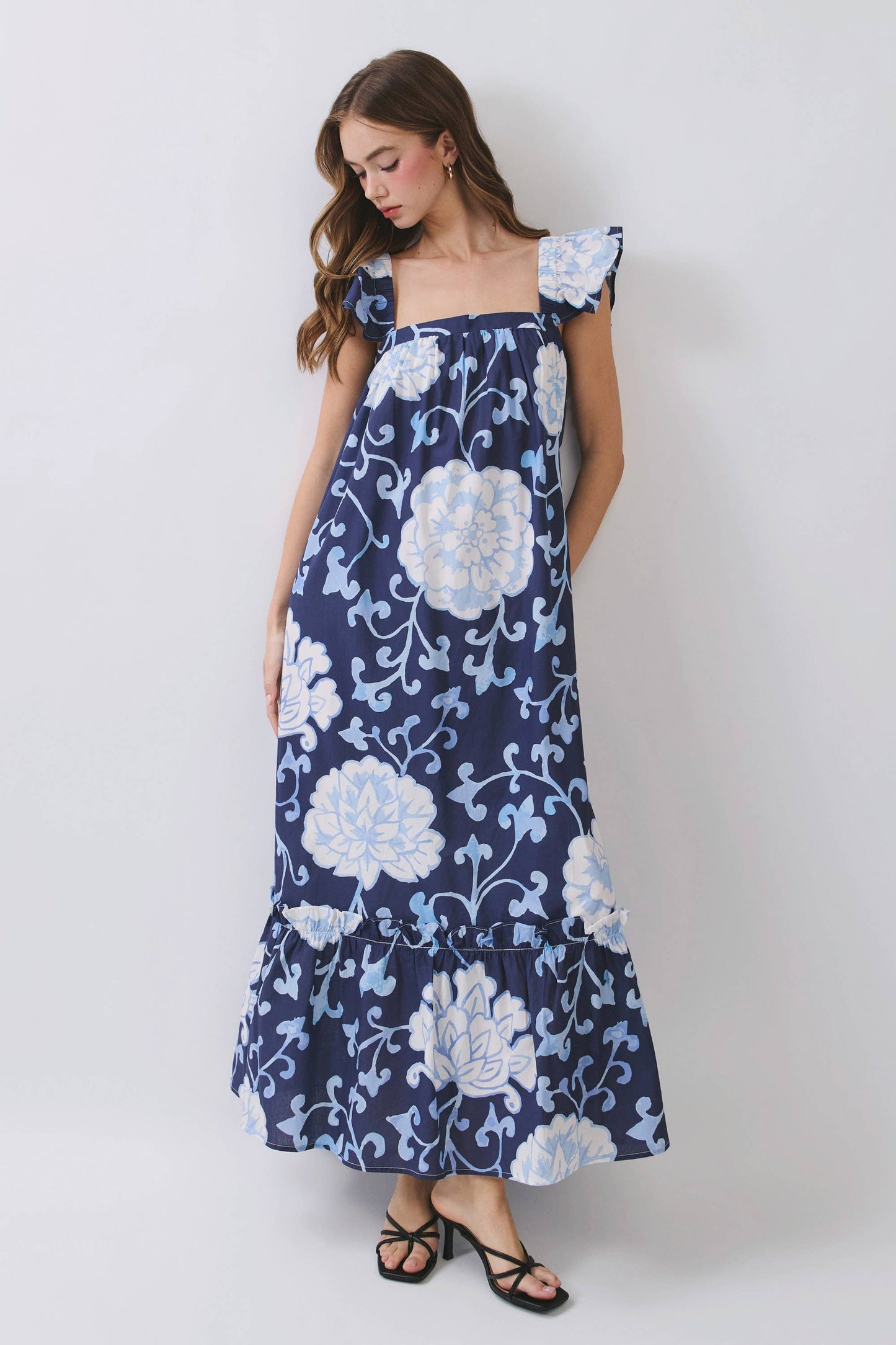 CD06967-Floral Print Ruffle Sleeve Maxi Dress: NAVY / M