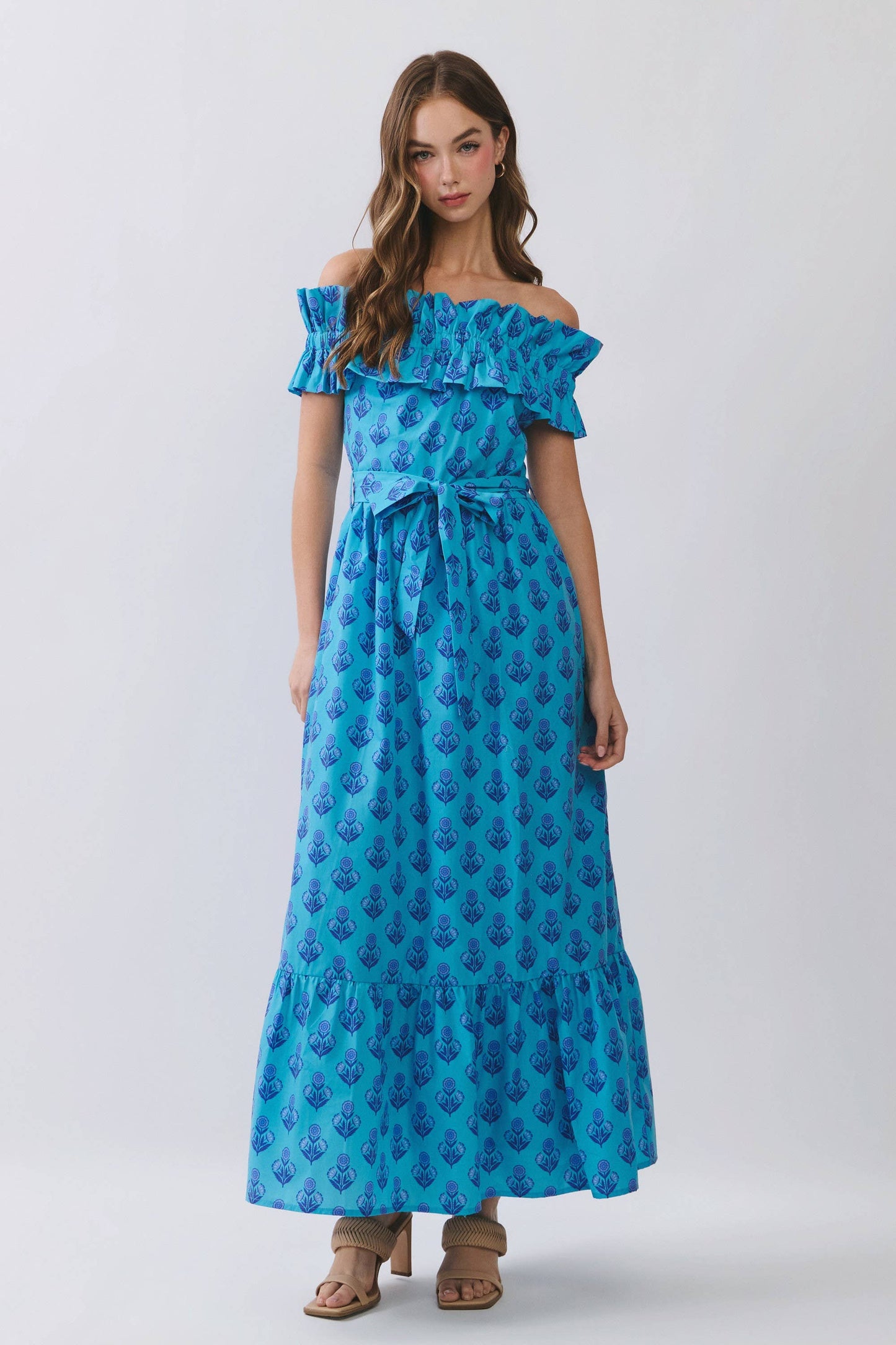 CD07146-Floral Print Off Shoulder Ruffle Maxi Dress: Blue / M