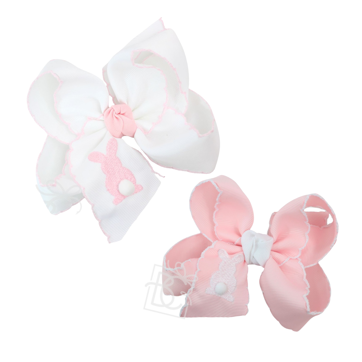 EMBROIDERED EASTER CROCHET EDGE BOWS: White w/ Hot Pink Crochet Edge- Hot Pink Bunny / 4.5" Large - 1.5" Ribbon on Alligator Clip