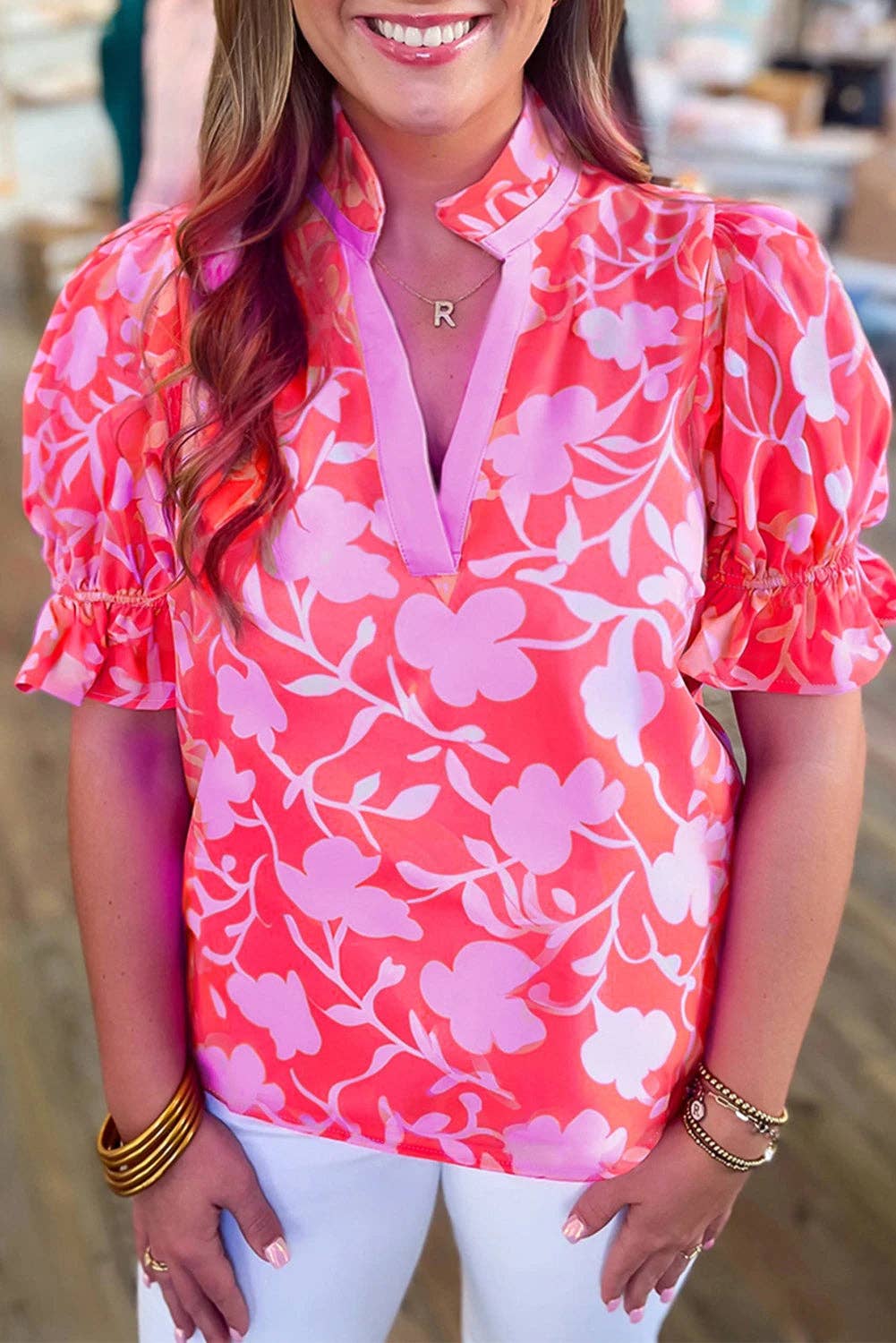 Red Floral Split V Neck Ruffled Short Sleeve Blouse Top: Red / 100%Polyester / L
