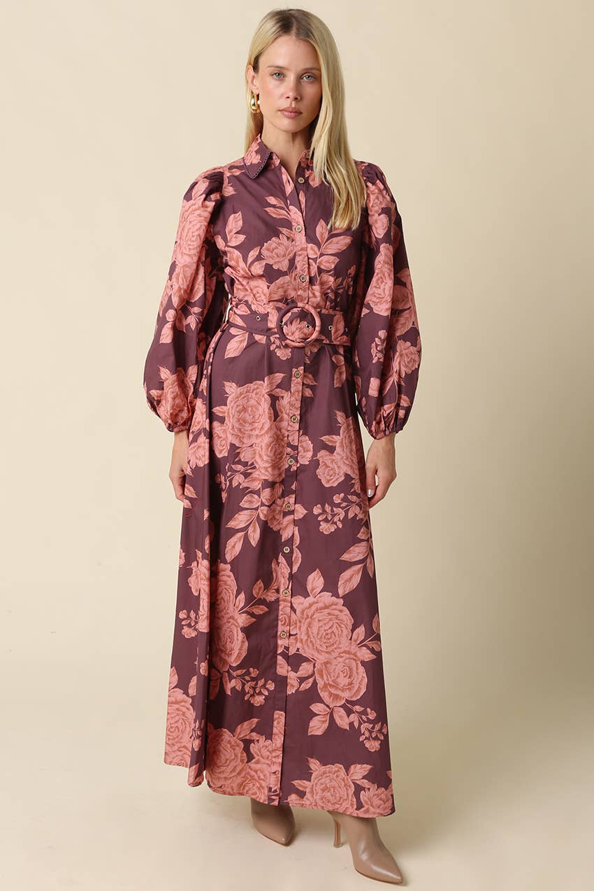 Kylie Floral Belted Maxi Dress: Wine Pink / S