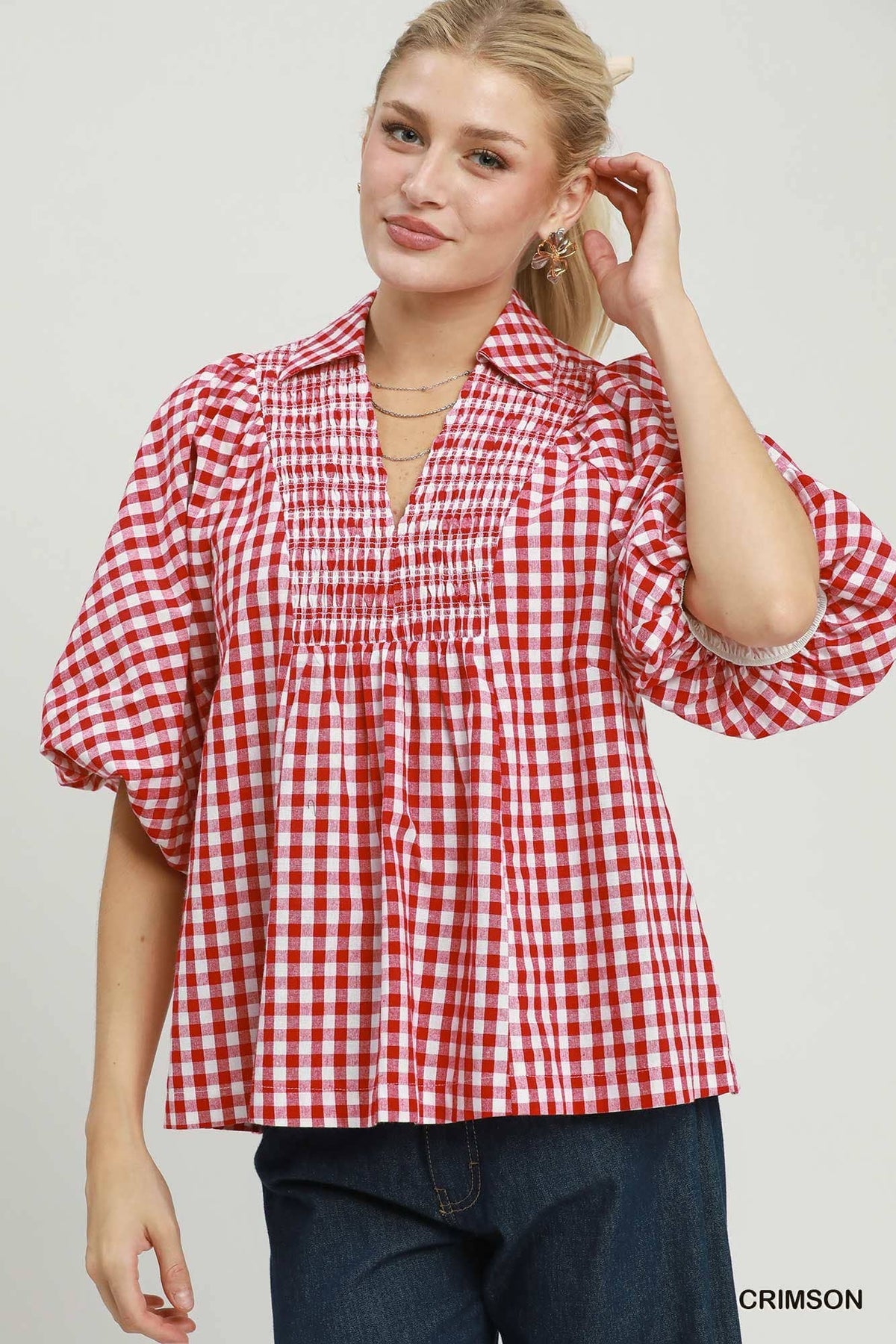 Gingham Smocked Yoke Puff Sleeve Blouse: BLACK / 2-2-2(S-M-L)