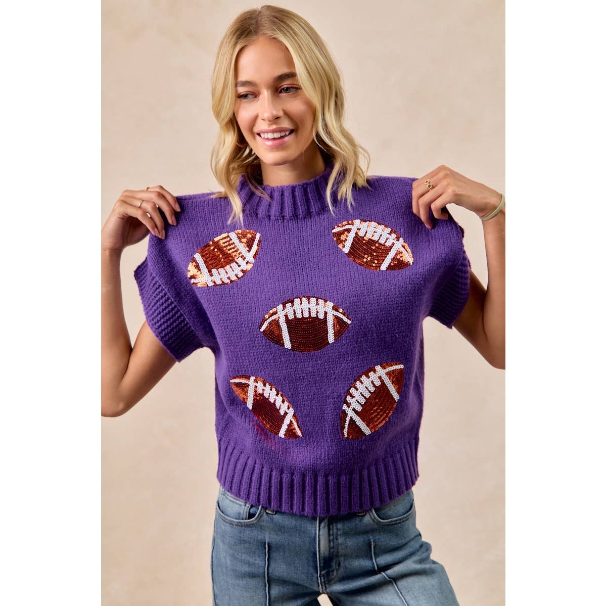 SEQUIN FOOTBALL PATCHES RIB BANDED SWEATER: OATMEAL / M