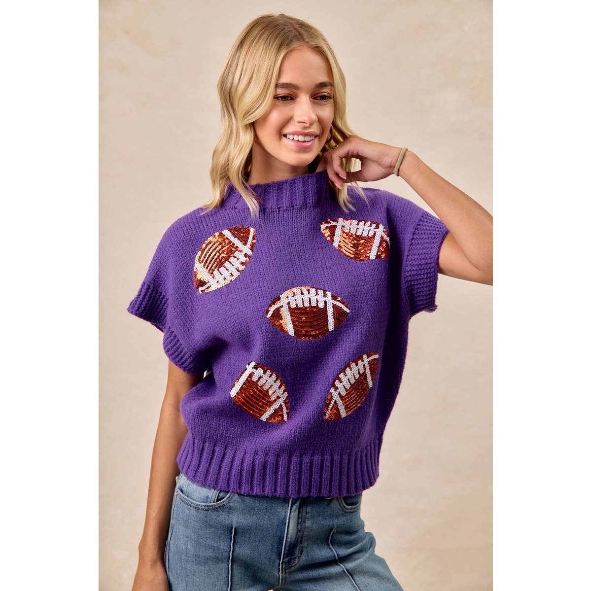SEQUIN FOOTBALL PATCHES RIB BANDED SWEATER: OATMEAL / M