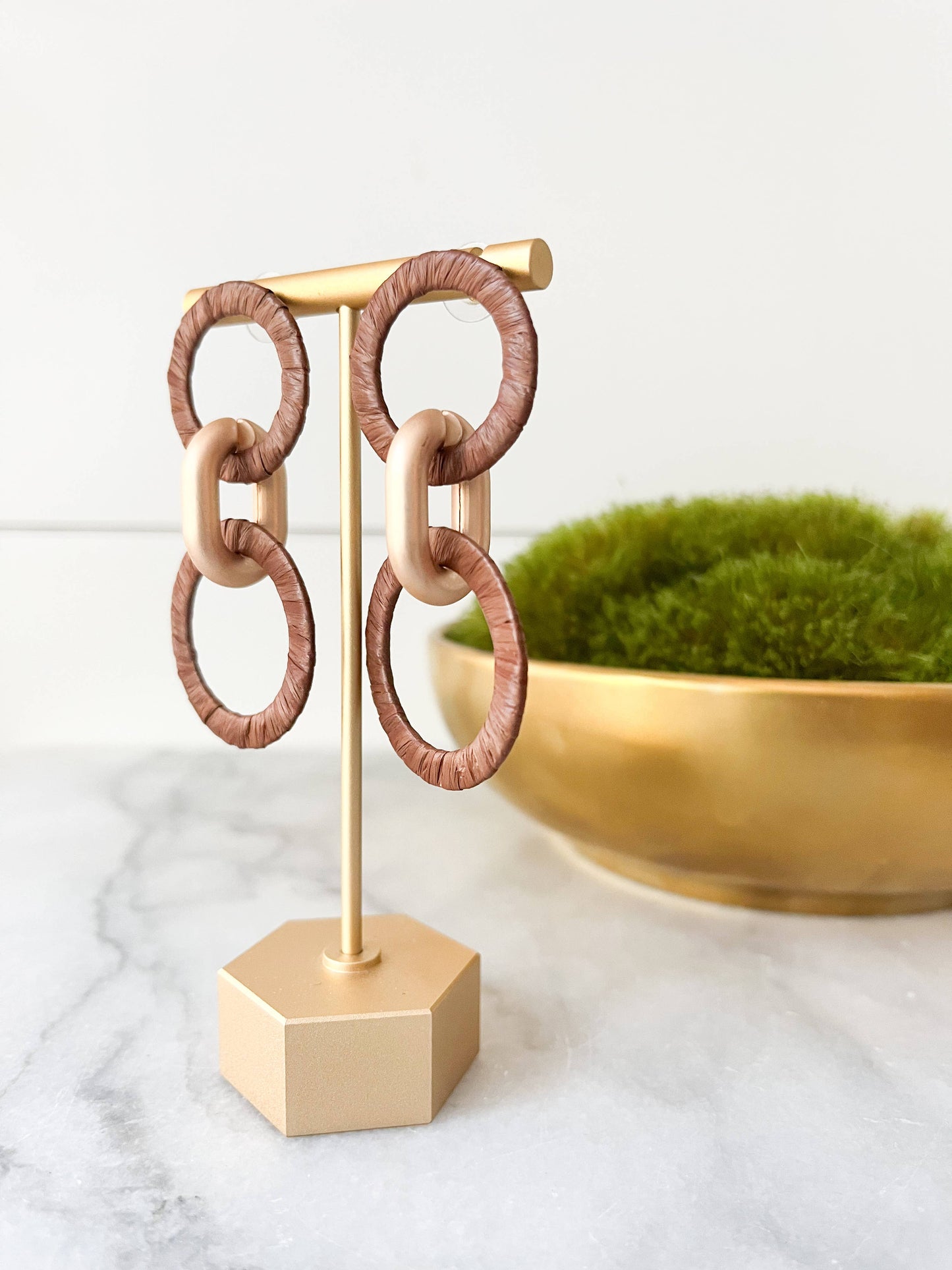 Chocolate Brown & Matte Gold Raffia circle Link Earrings