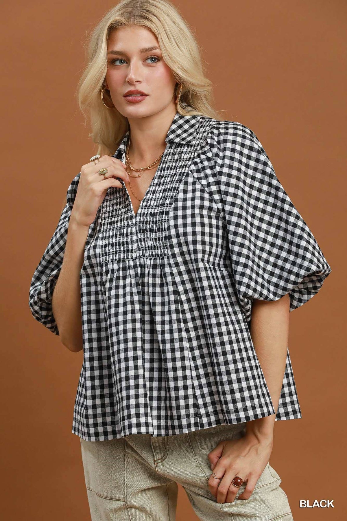 Gingham Smocked Yoke Puff Sleeve Blouse: BLACK / 2-2-2(S-M-L)