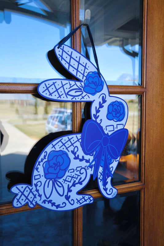 Blue Bunny Bow Doorhanger