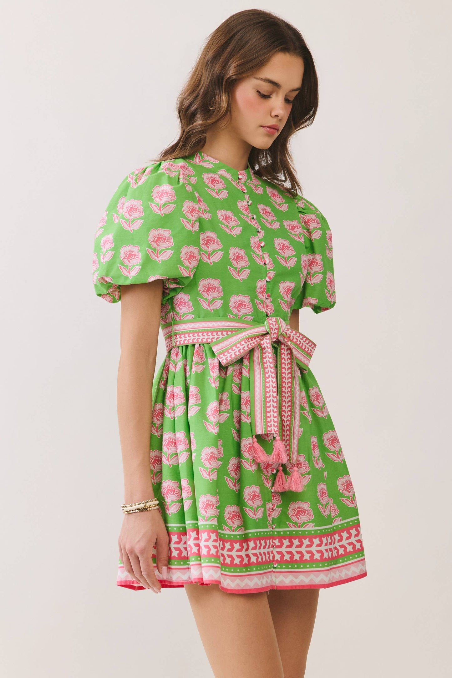 CD07034-Floral Puff Sleeve Belted Button Down Mini Dress: Green / L