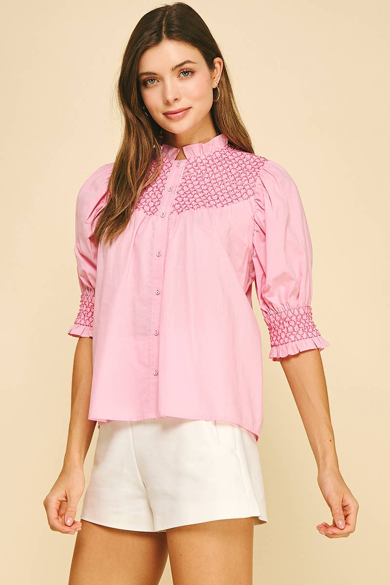EMBROIDERED BUTTON DOWN BLOUSE TOP - 4951TB: Pink / L