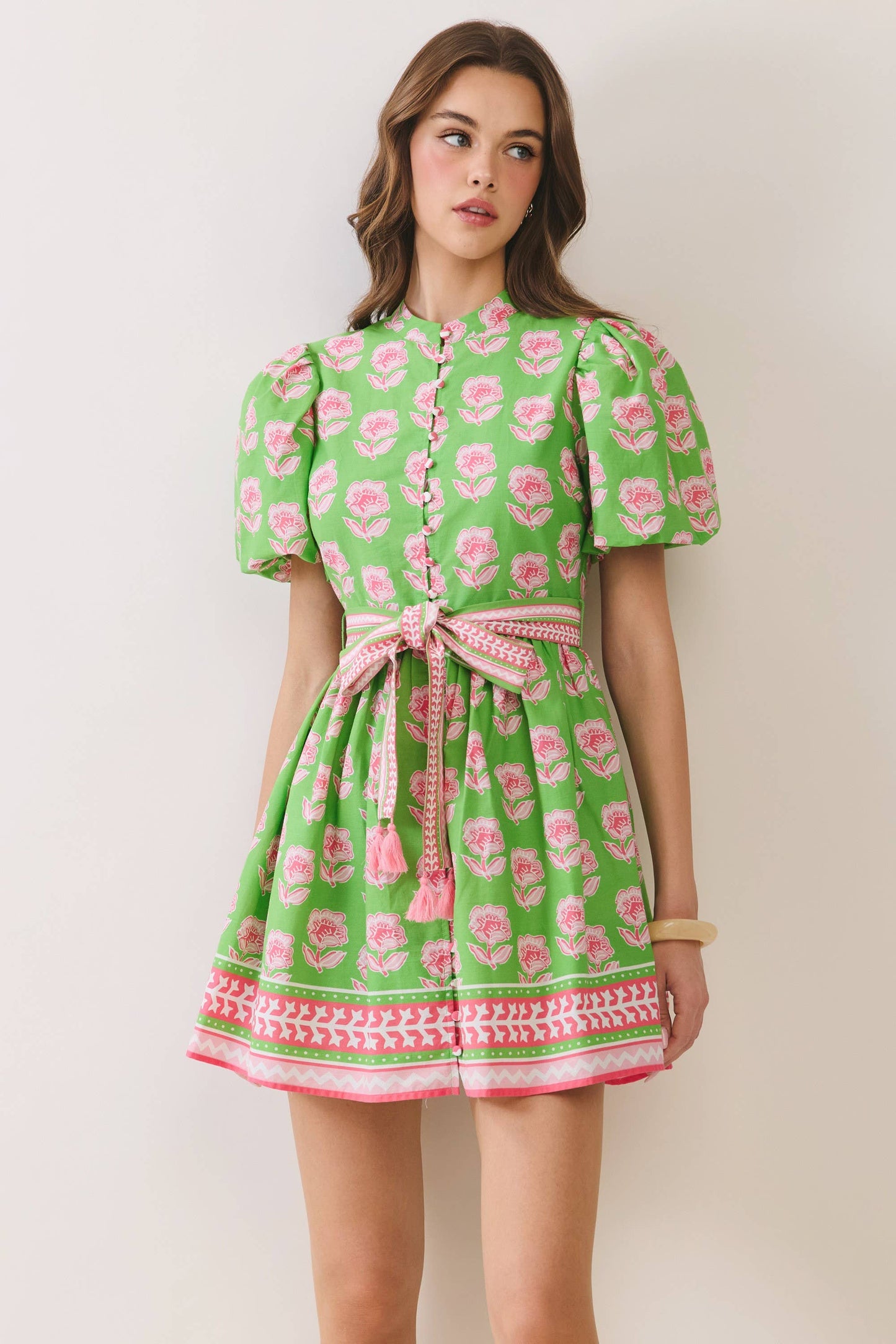 CD07034-Floral Puff Sleeve Belted Button Down Mini Dress: Green / L