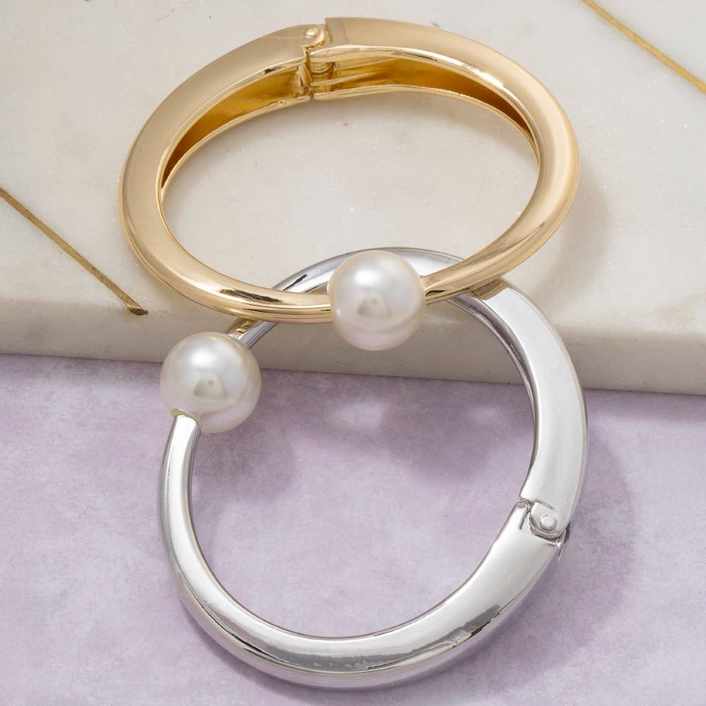 Pearl Bead Thin Metal Hinged Bangle Bracelet: G