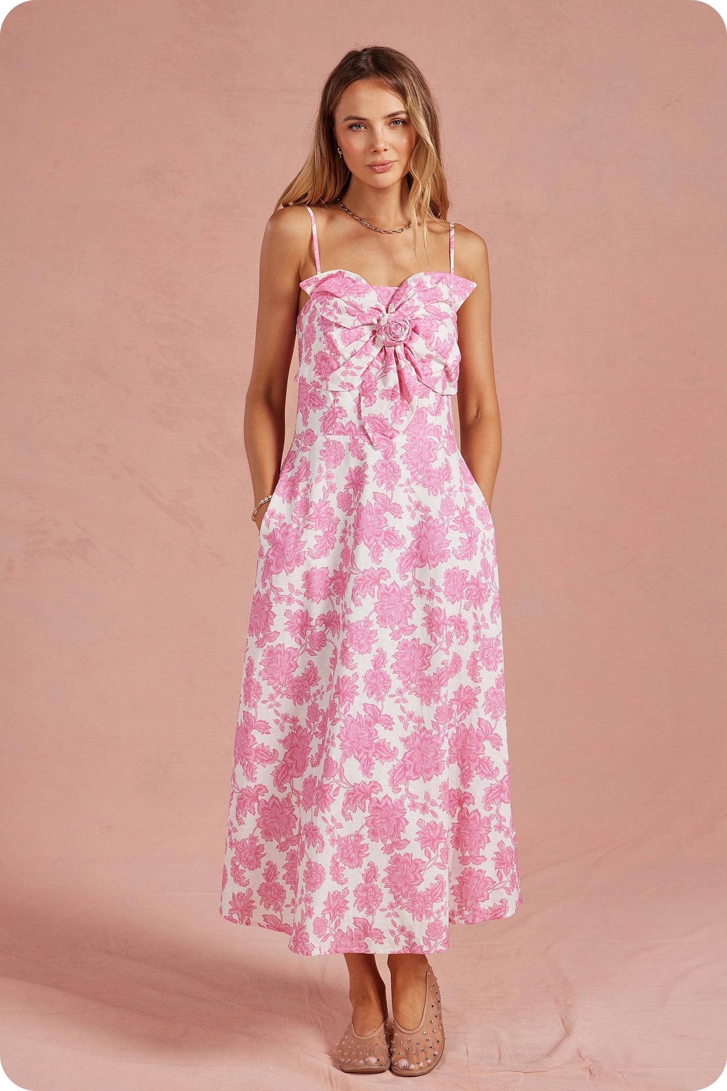 Botanical Garden Bow Flower Sleeveless Midi Dress: Pink/white / S
