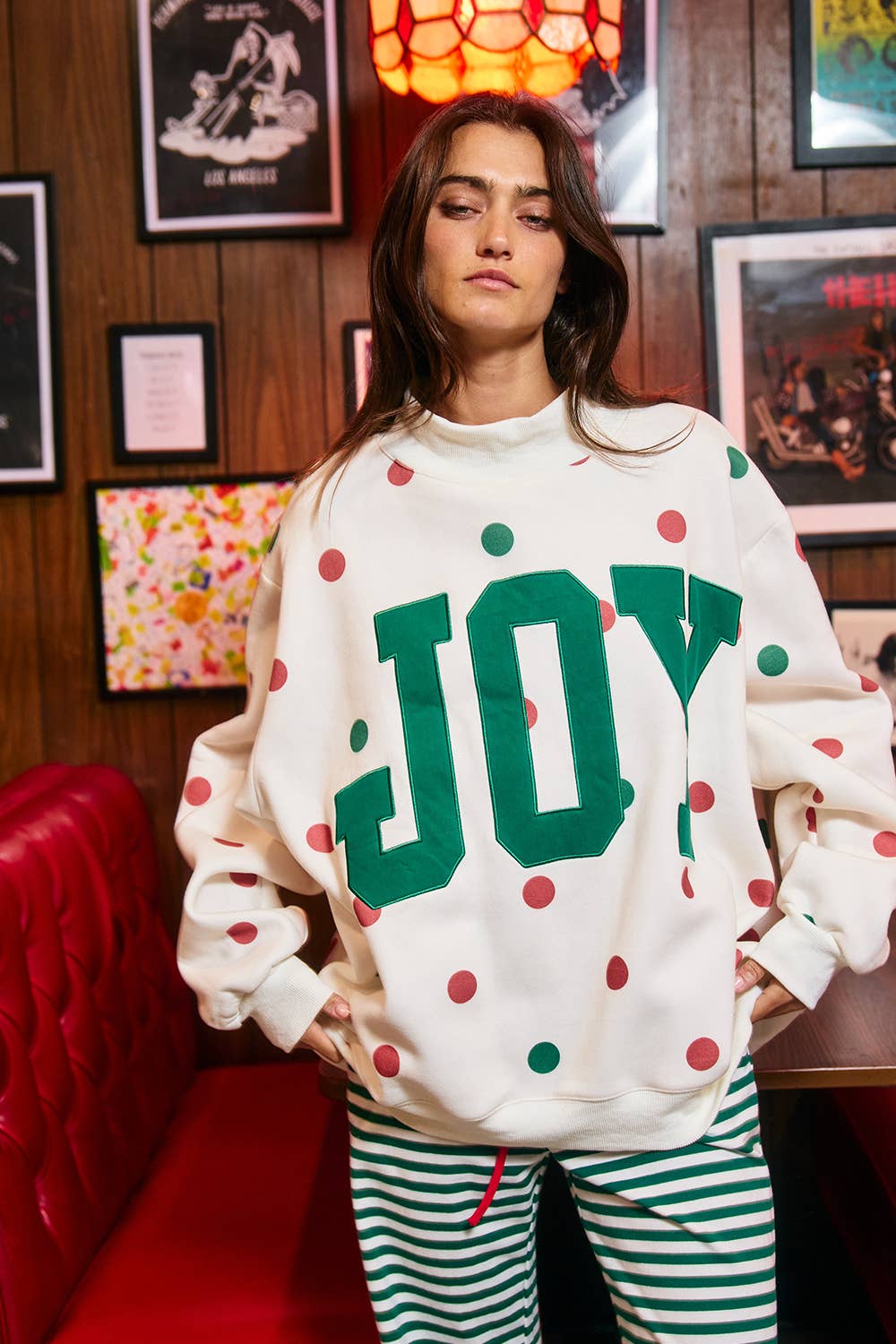 IT2594E-JOY | 'JOY' Applique Patch Polka-Dot Sweatshirt: Cream / L/XL