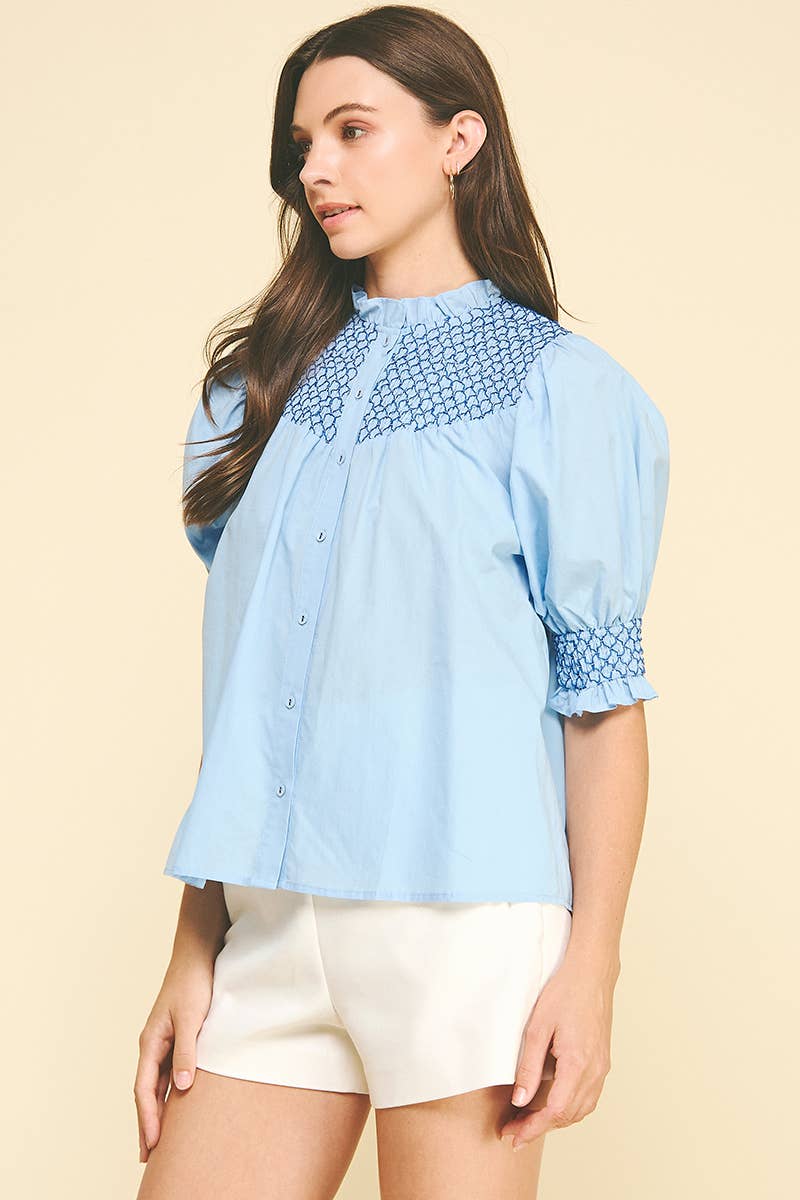 EMBROIDERED BUTTON DOWN BLOUSE TOP - 4951TB: Pink / L