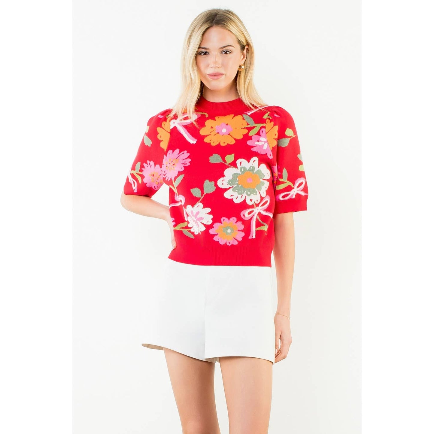 Short Sleeve Floral Detail Knit Top: RED / XS-S-M-L(1-2-2-1)