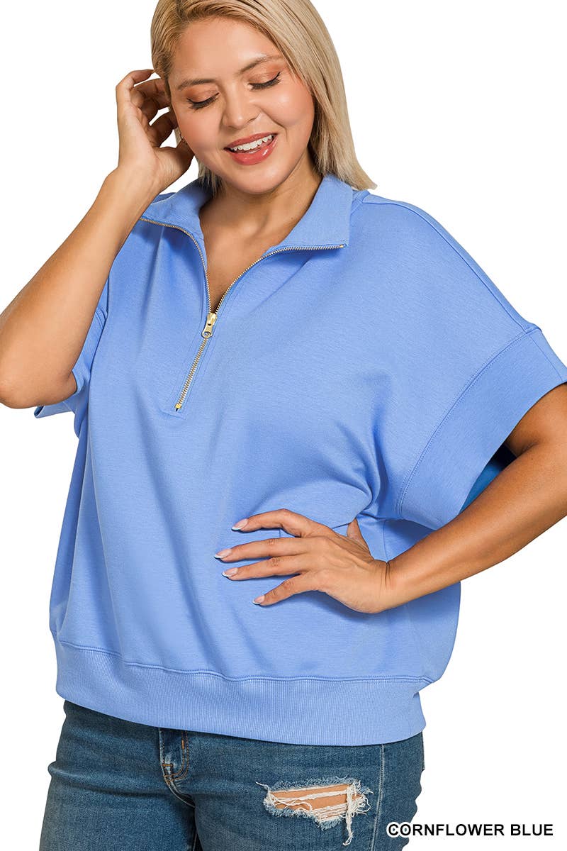 Plus Scuba High Neck Half Zip Short Slv Pullover: CORNFLOWER BLUE / 2-2-1(1X-2X-3X)