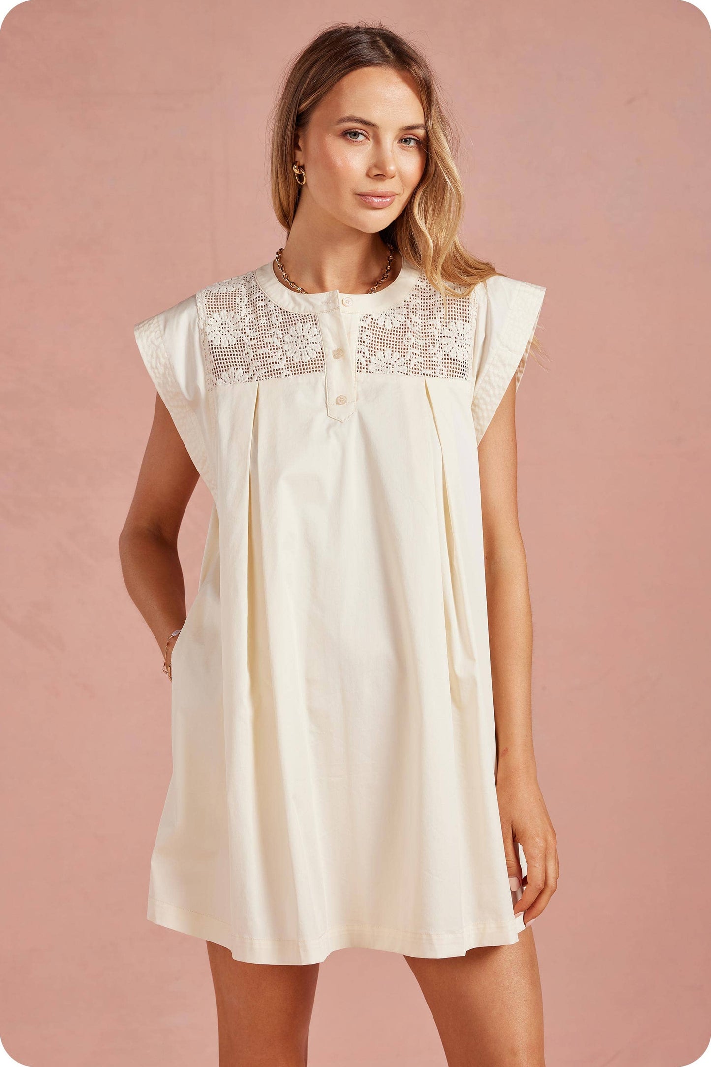 Contrast Floral Crochet Yoke Pleat Mini Dress: Cream / S