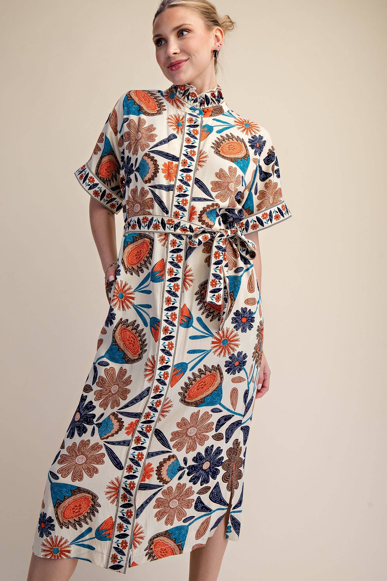 Waist Tie Belt Collar Neck Button-Up Shirts Floral Midi Dres: Coral / M