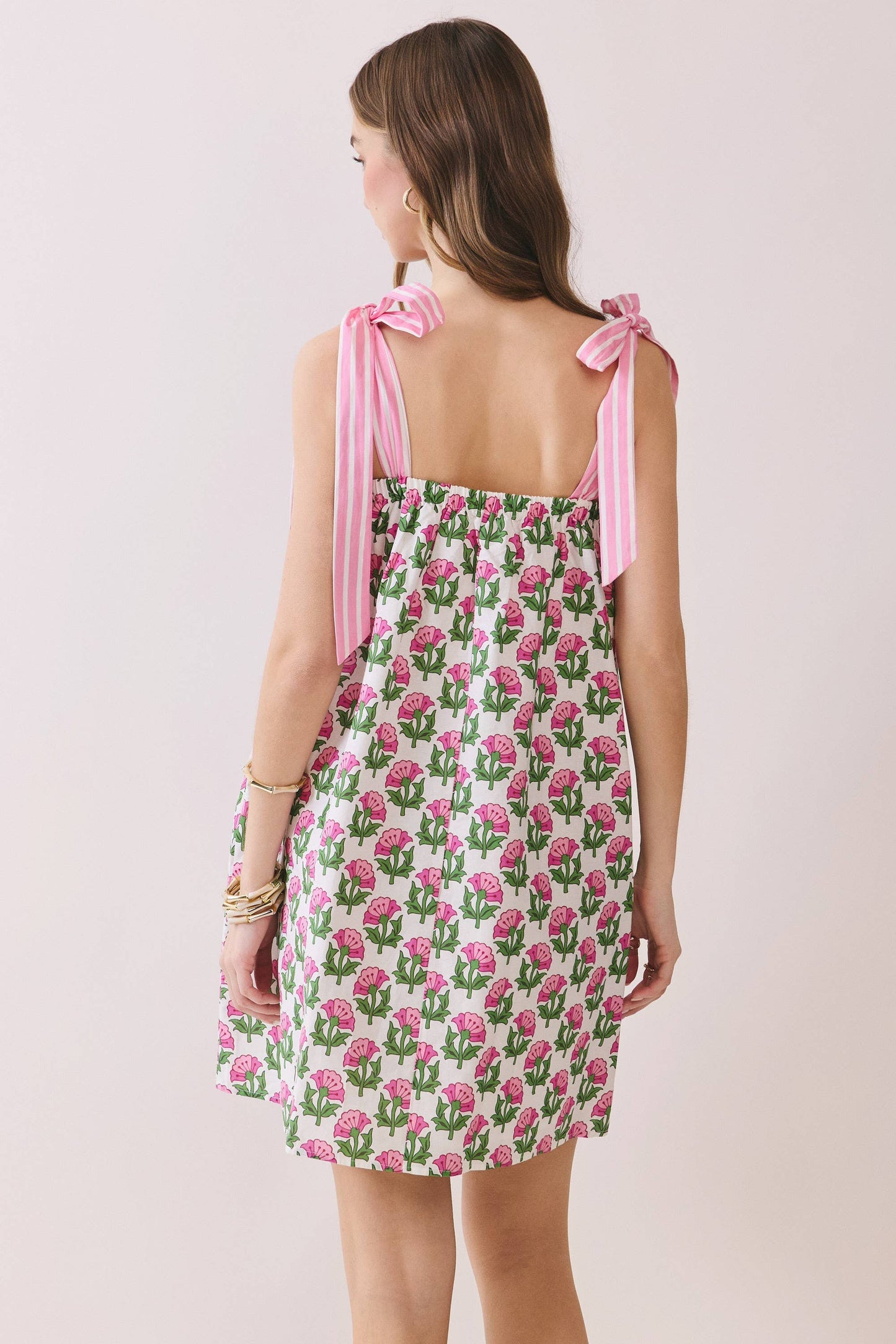 CD06842-Floral Babydoll Mini Dress with Tie Straps: Pink / M