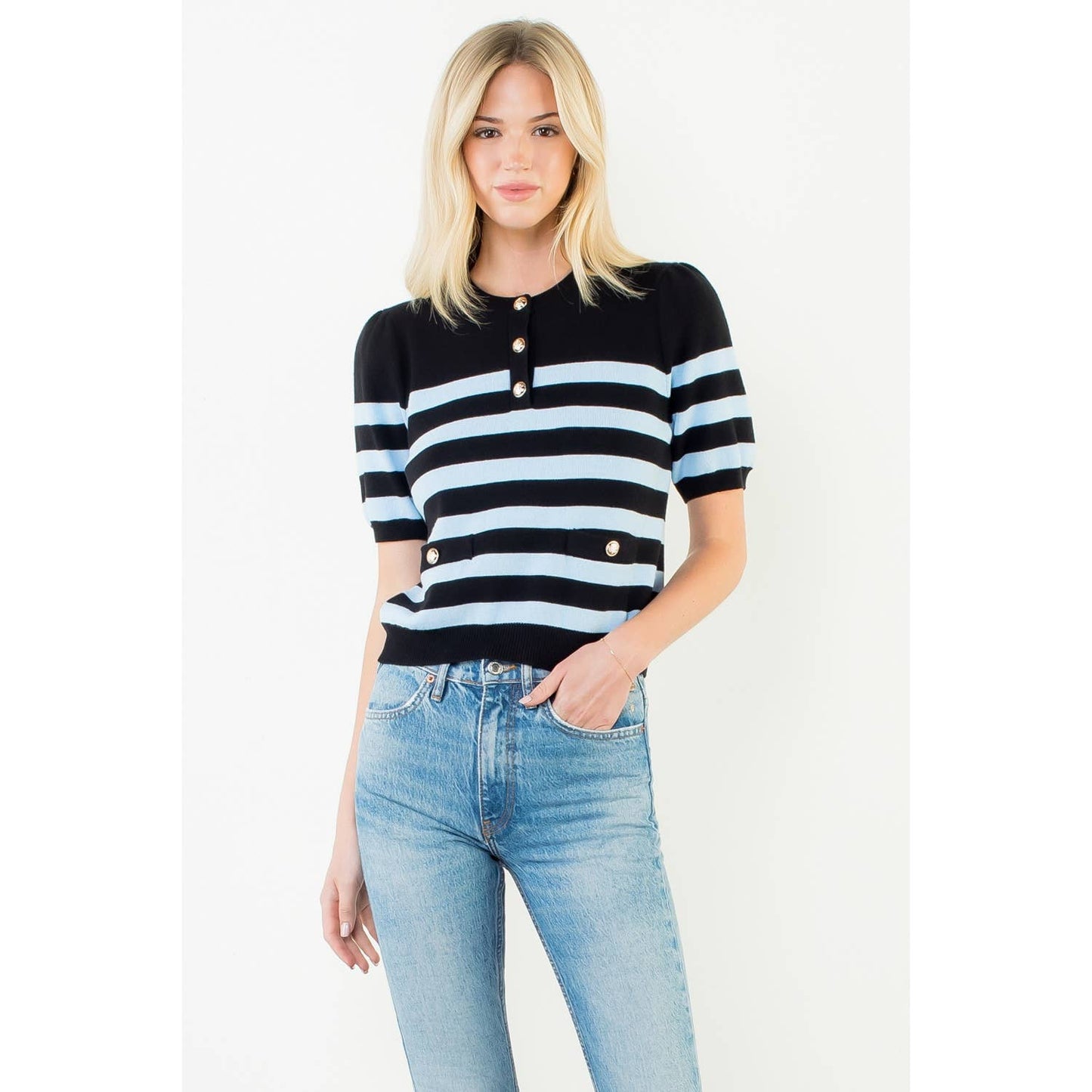 Short Sleeve Striped Knit Top: BLUE / XS-S-M-L(1-2-2-1)