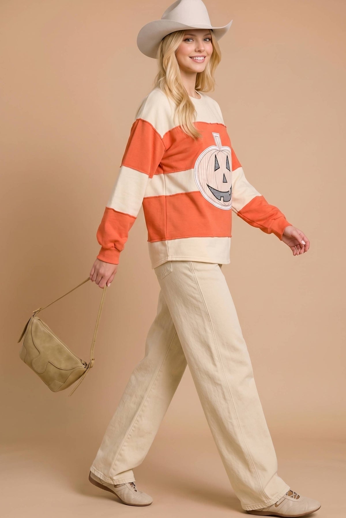 Pumpkin Appliqué Color Block Pullover: BURNT ORANGE/CREAM / S-M-L (2-2-2)