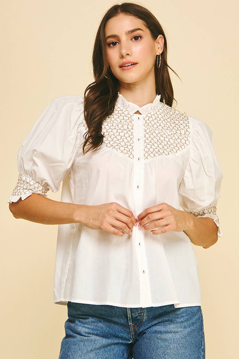 EMBROIDERED BUTTON DOWN BLOUSE TOP - 4951TB: Pink / L