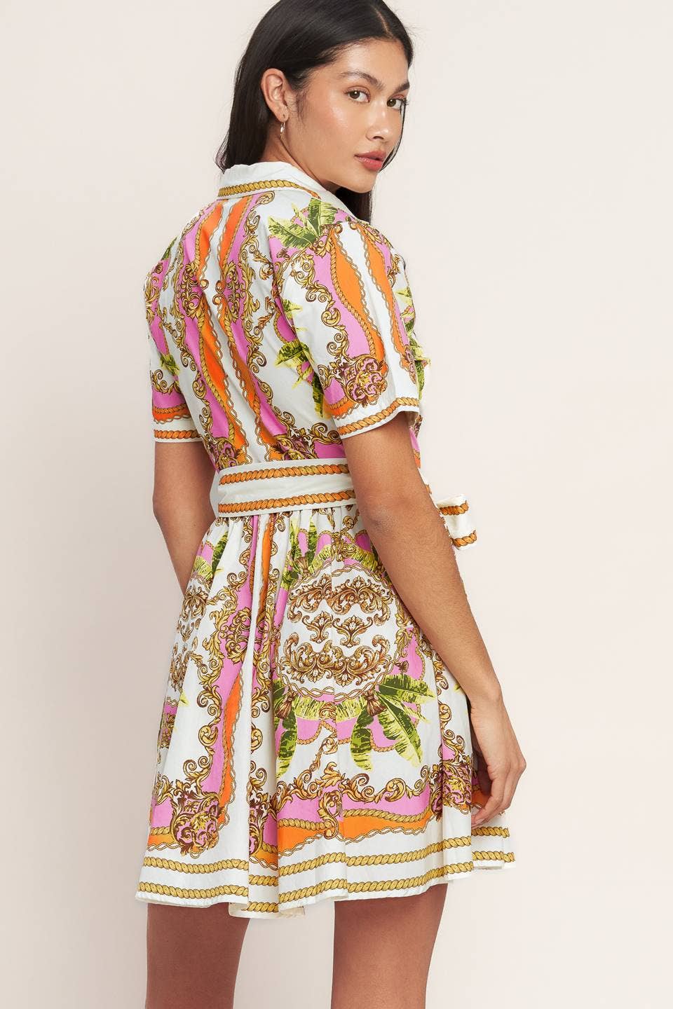 A printed woven mini shirt dress - ID23207: OFF WHITE PINK ORANGE / Contemporary / M