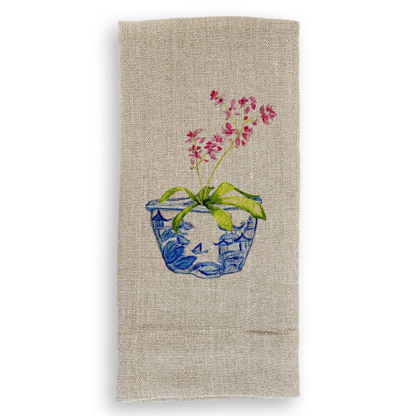 Blue & White Bowl with Pink Orchid: Dishtowel / -