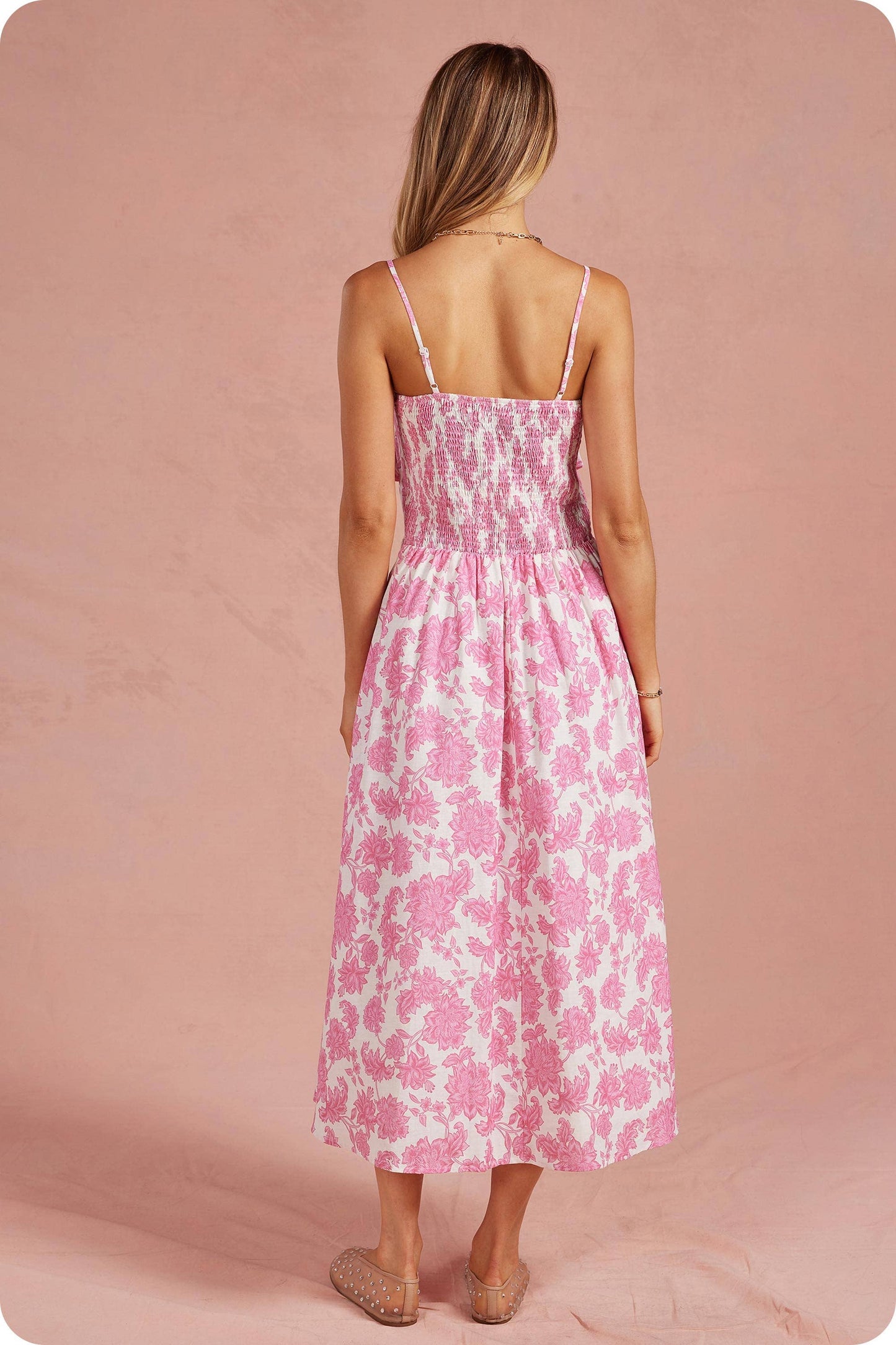 Botanical Garden Bow Flower Sleeveless Midi Dress: Pink/white / S