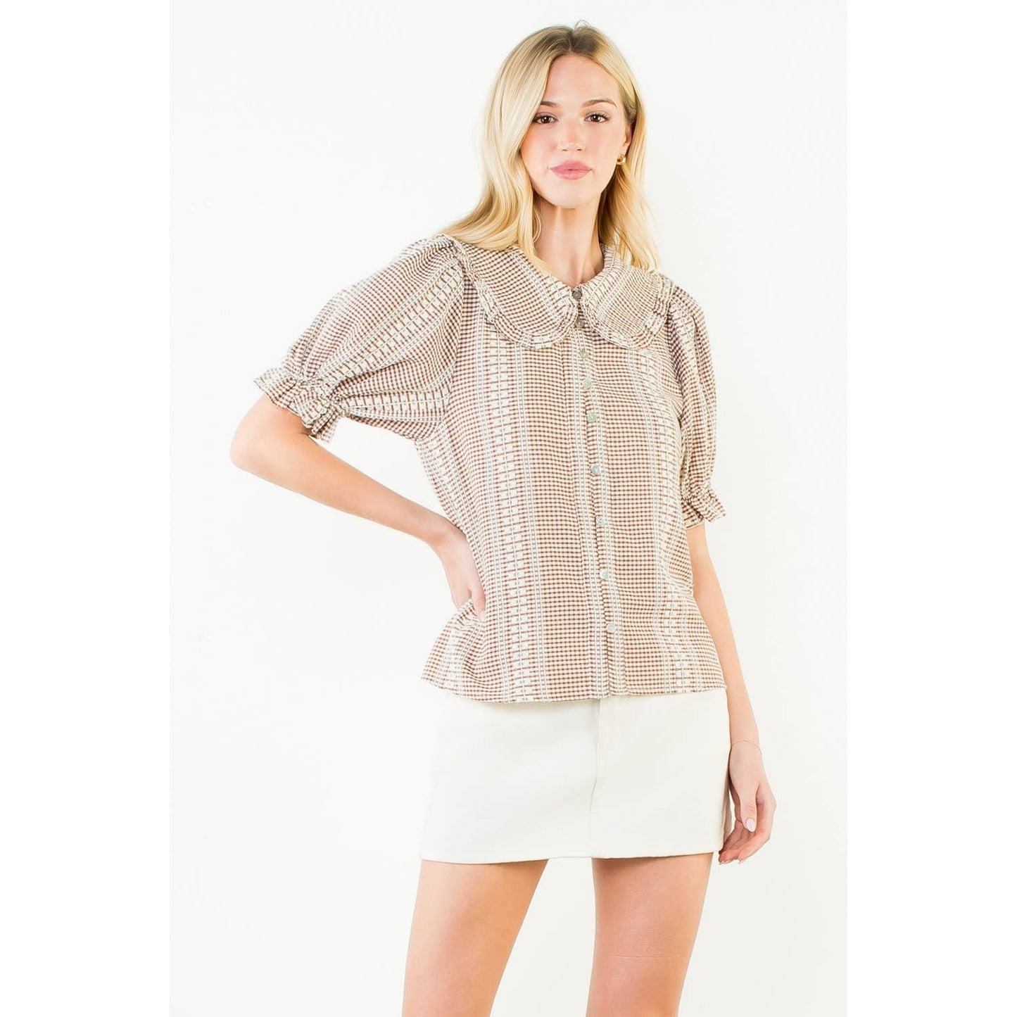 Puff Sleeve Gingham Patterned Top: RED / XS-S-M-L(1-2-2-1)