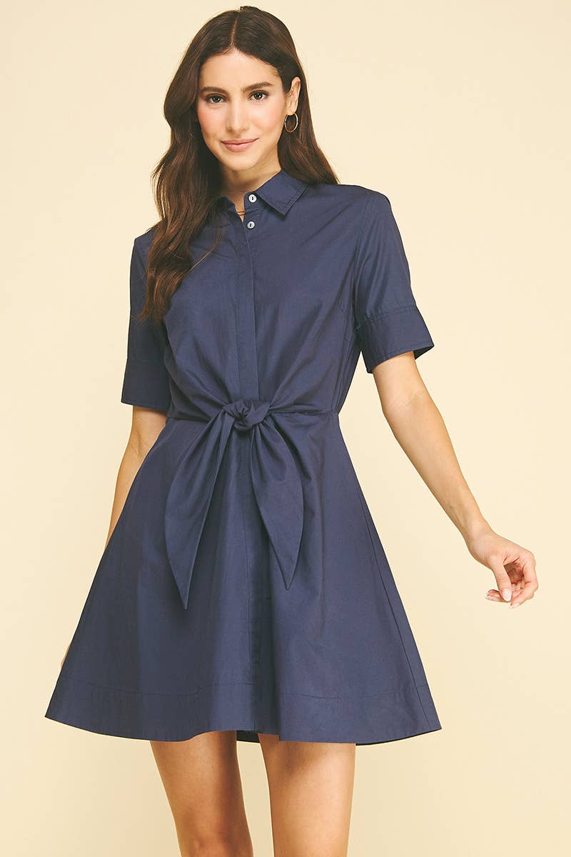TIE-FRONT BUTTOND DOWN MINI DRESS - 7200D: Black / S