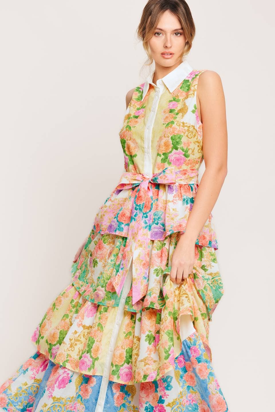 A printed woven midi dress - ID23280: YELLOW BLUE PINK / Contemporary / S