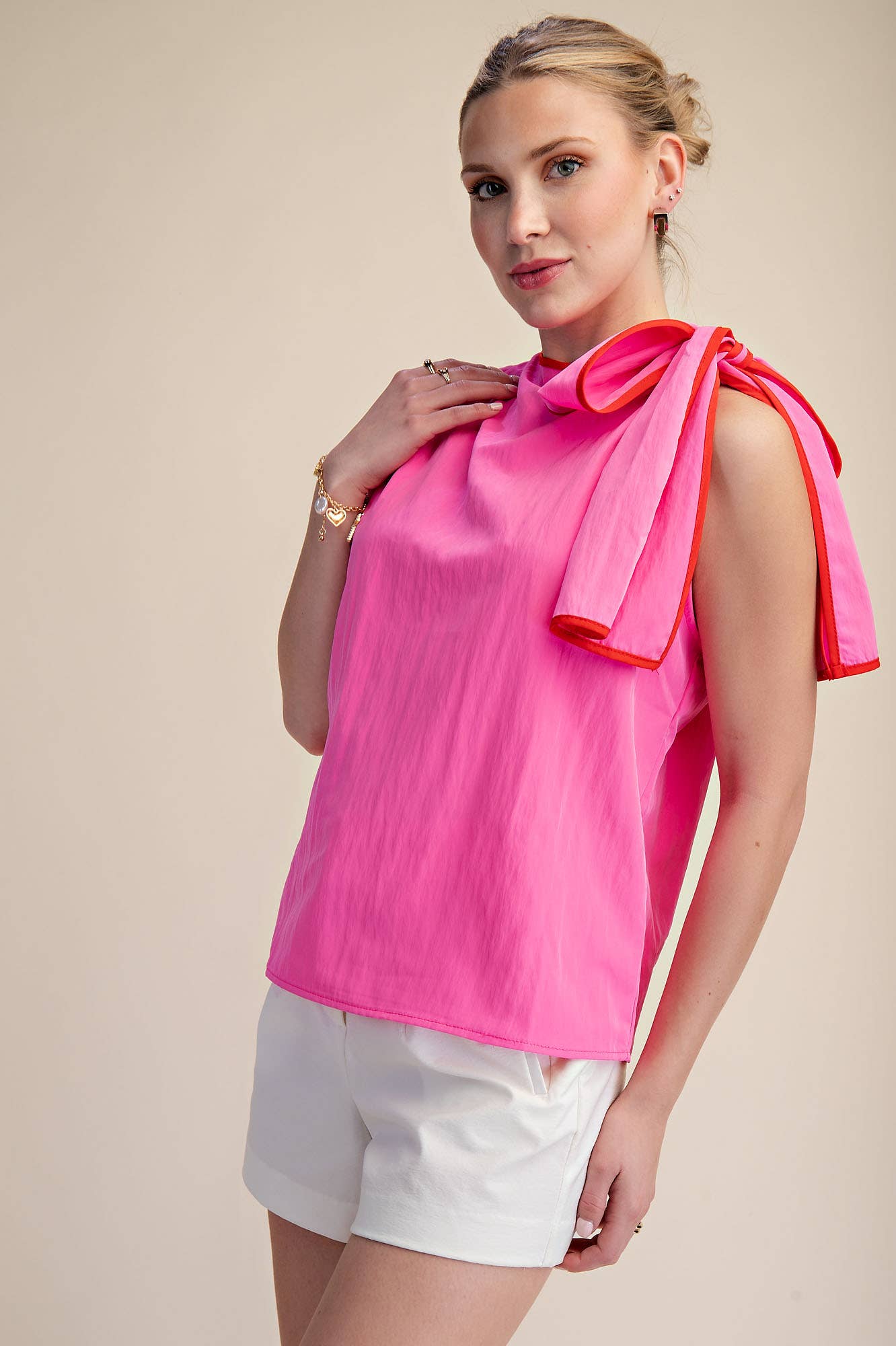 Asymmetric Pleated Shoulder Contrasting Bow Top: White / L