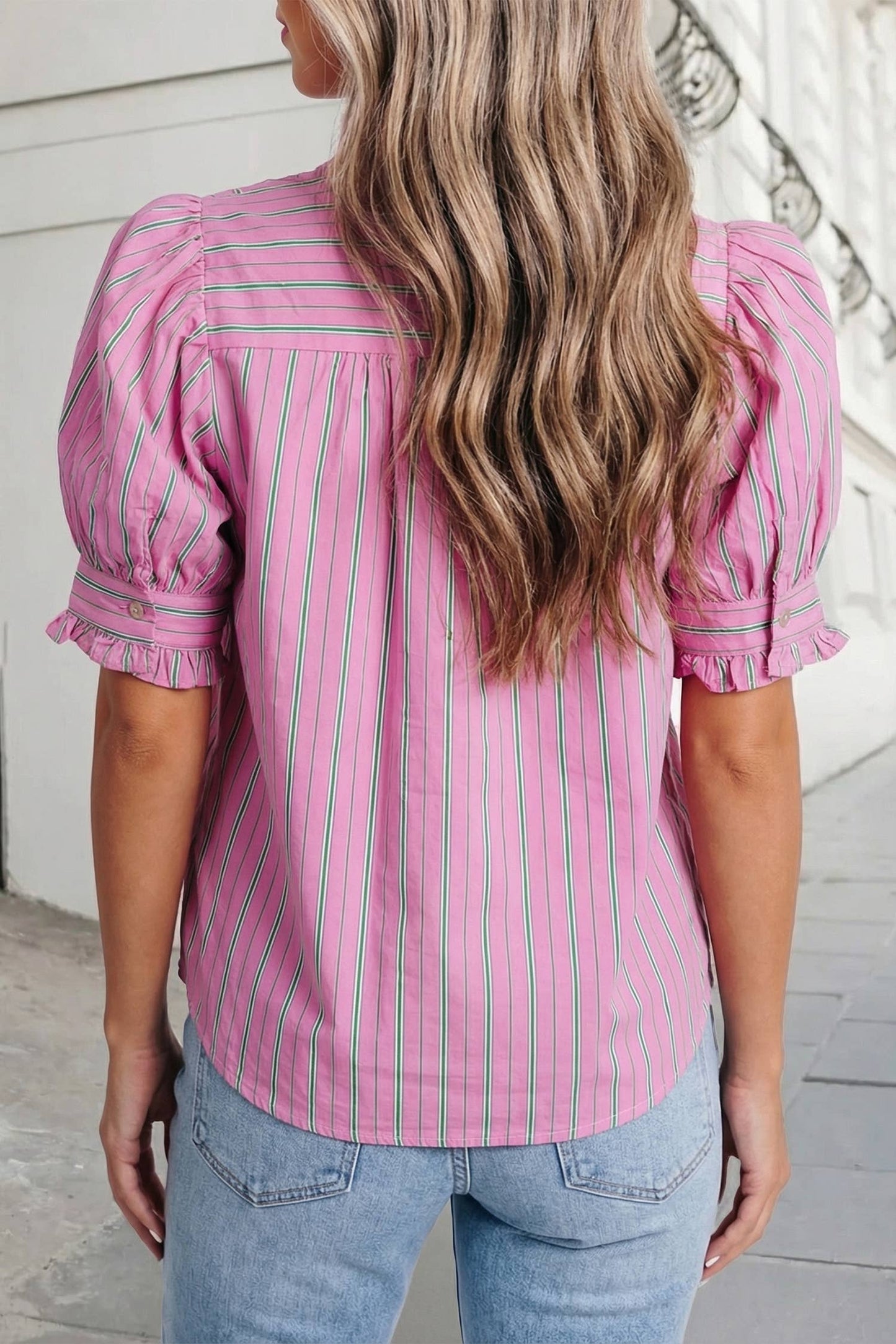 Striped Print Ruffle Neck Blouse | S-XL : Pink Stripe / S