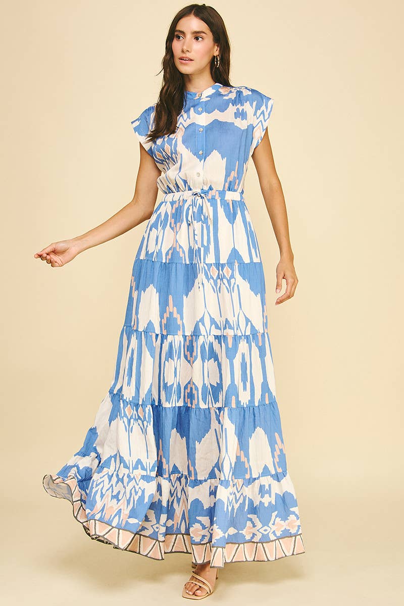 GEOMETRIC PATTERN TIERED MAXI DRESS - 6198DB: BLUE MULTI / M